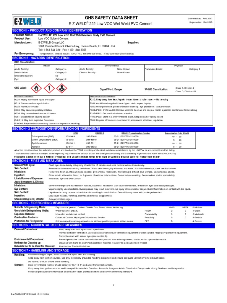 Hoja de Seguridad De: Cemento para PVC 222, Marca E-Z Weld | PDF ...