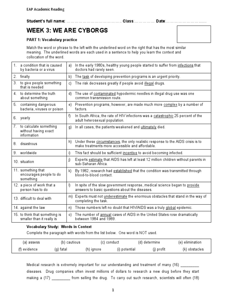 EAP Reading Worksheet Week 3 - We Are Cyborgs | PDF | Hiv/Aids ...
