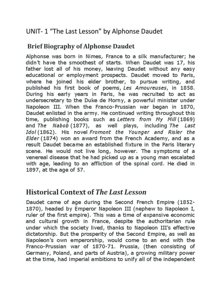 Unit 1 The Last Lesson By Alphonse Daudet Pdf German Empire