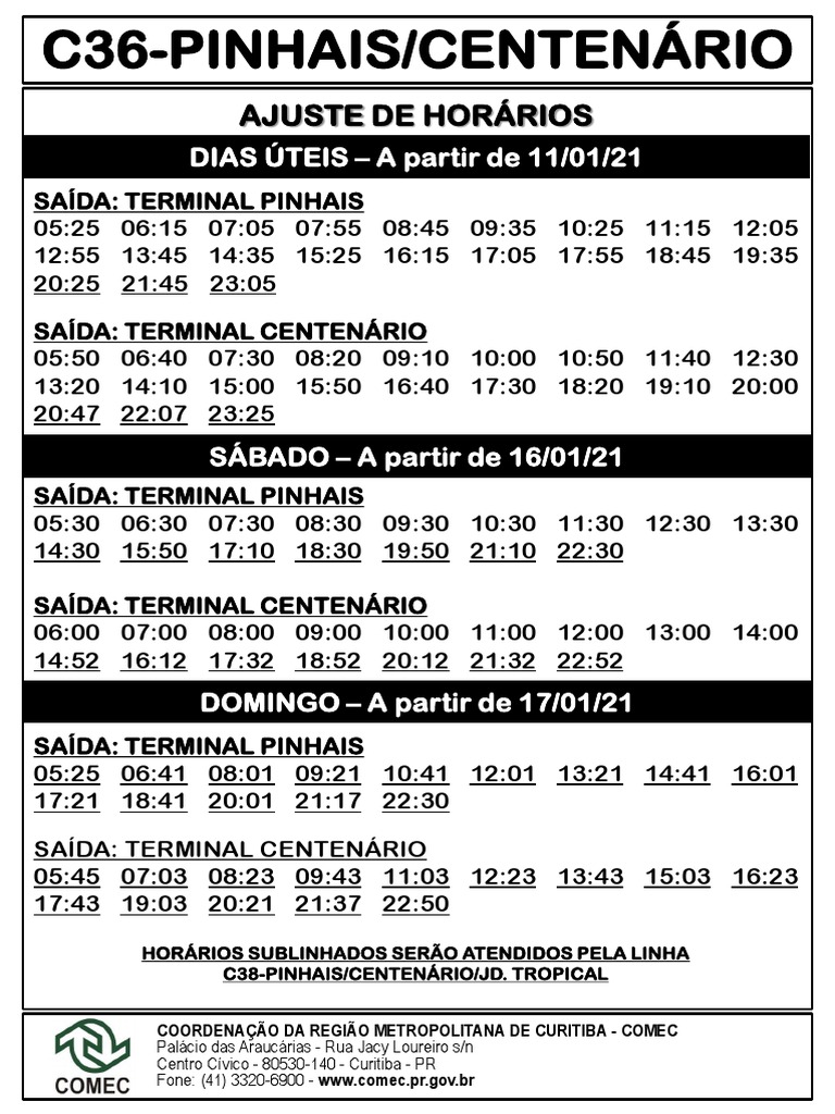 c36 Pinhais Centenario Horario Du Sab Dom 11 16 e 170121 PDF