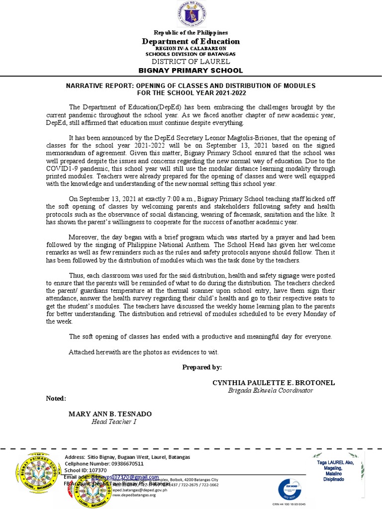 Narrative Report On Opening of Classes and Distribution of Modules PDF
