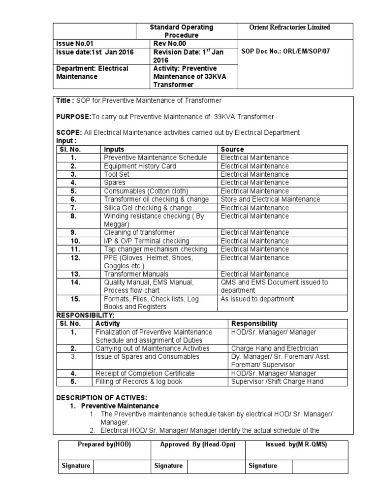 Standard Operating Procedure for Preventive Maintenance of Electrical