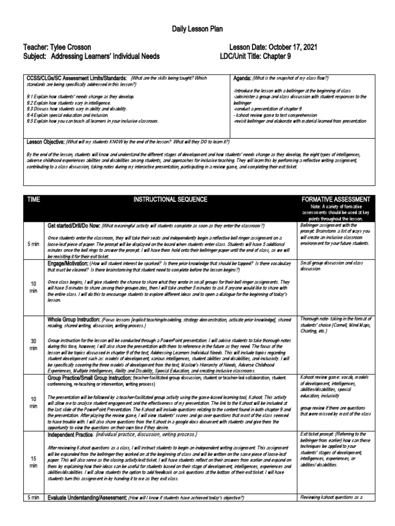 Artifact 2 Lesson Plan Tylee Crosson Pdf Lesson Plan Lesson