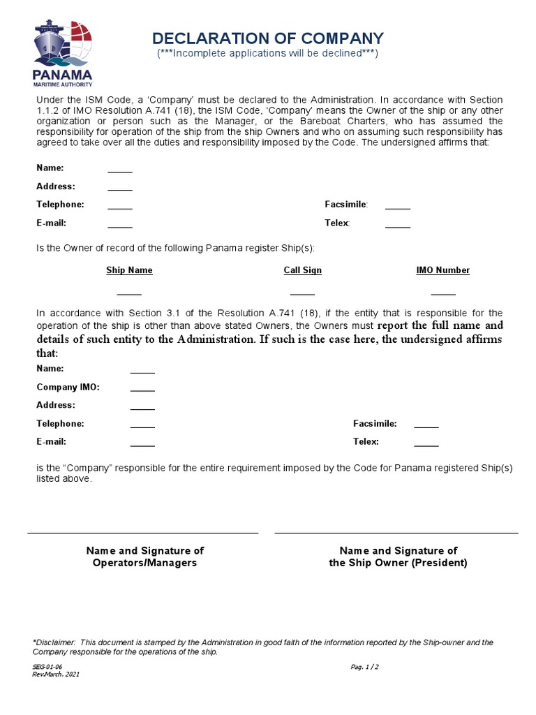 Panama Company Declaration Form | PDF | Service Industries