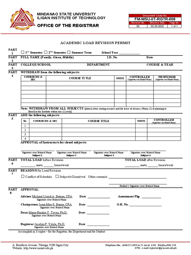 Office of The Registrar: FM-MSU-IIT-RGTR-008 Iligan Institute of ...