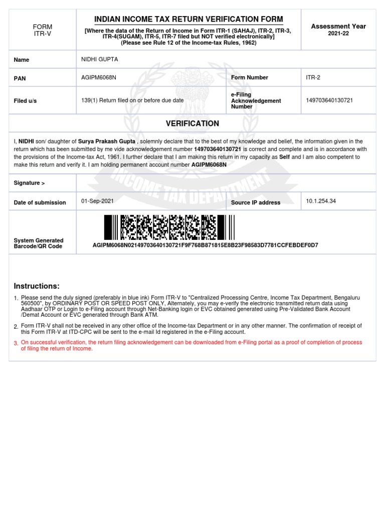 Indian Tax Return Verification Form PDF Taxes Government