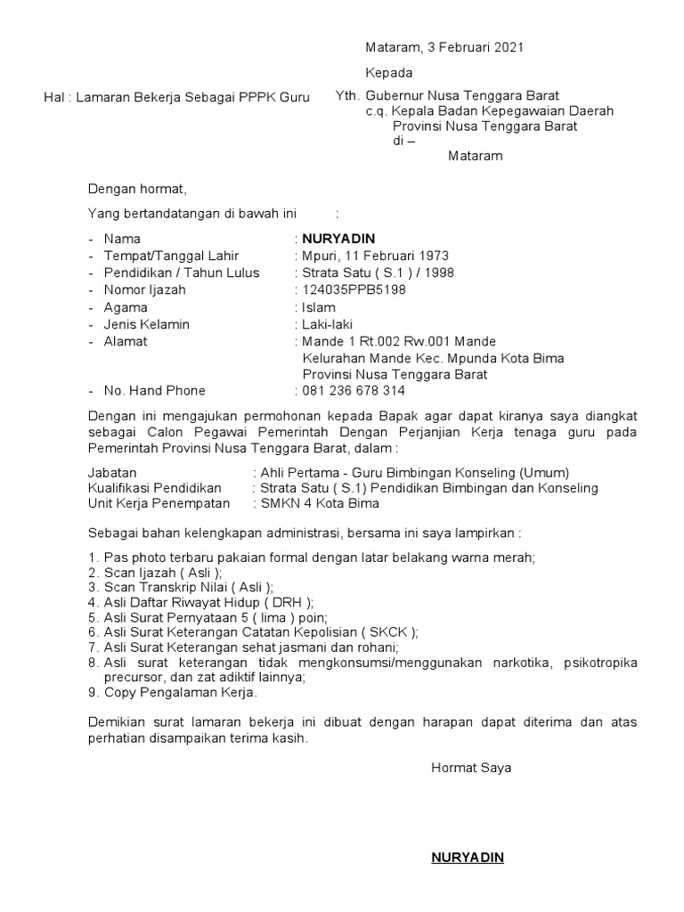 Surat Lamaran Dan Pernyataan P3K | PDF