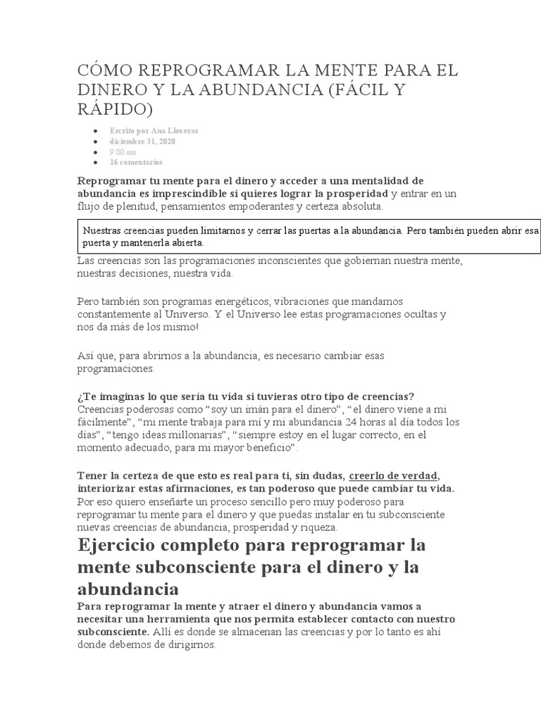 Cómo Reprogramar La Mente para El Dinero y La Abundancia | PDF | Mente ...