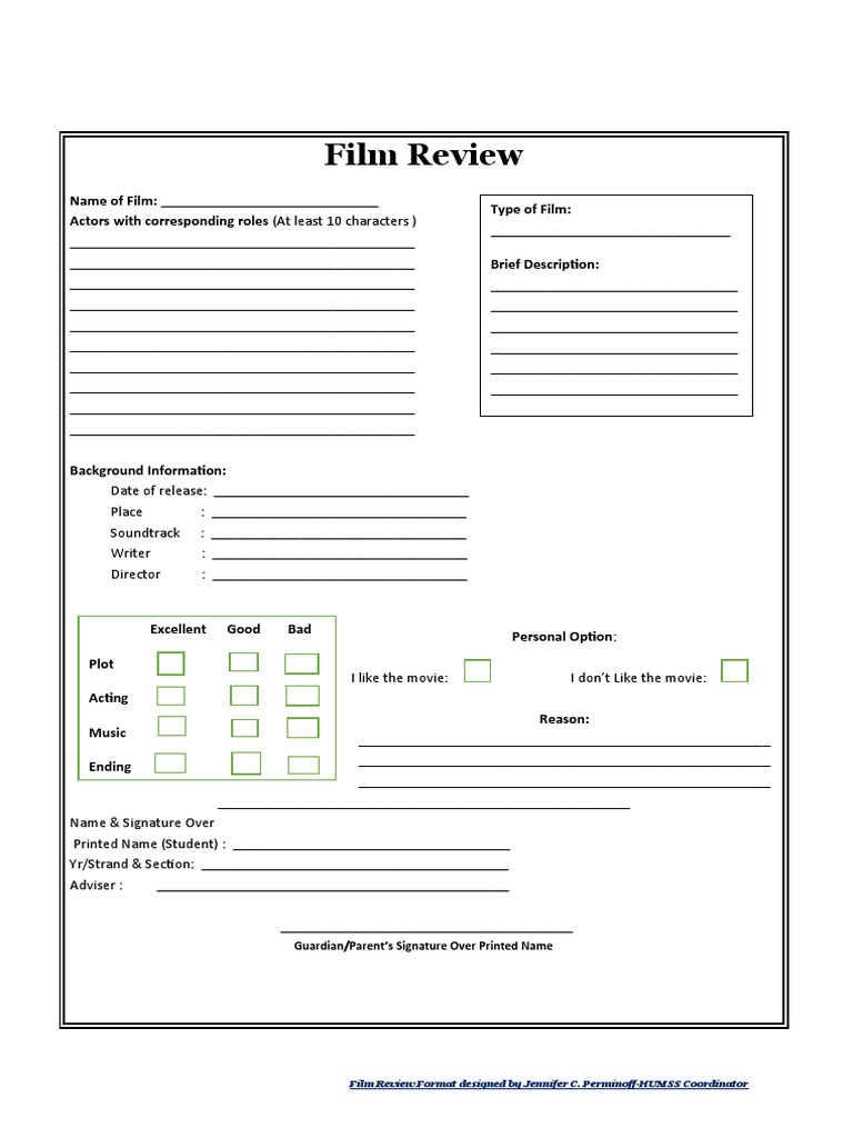 Film Review Guardian/Parent's Signature Over Printed Name PDF