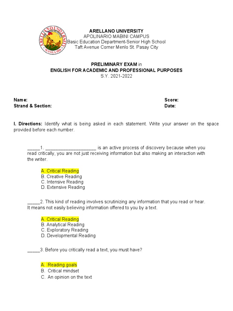 EAPP Preliminary Exam Questions | PDF | Essays | Jargon