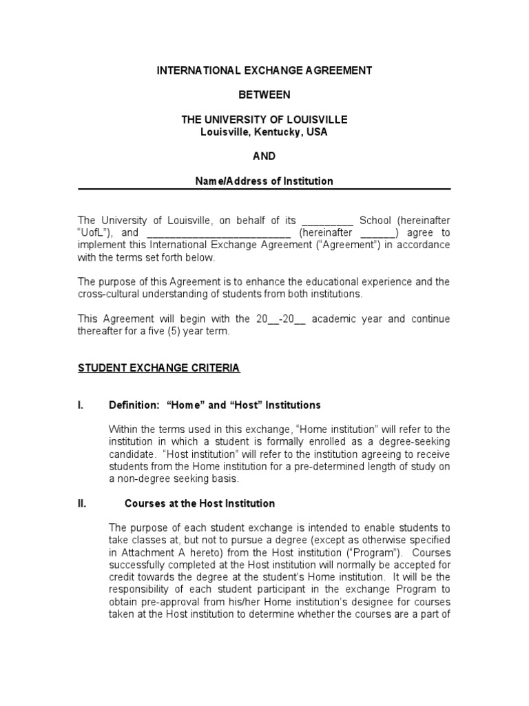 UofL International Exchange Agreement | PDF | Travel Visa | University ...