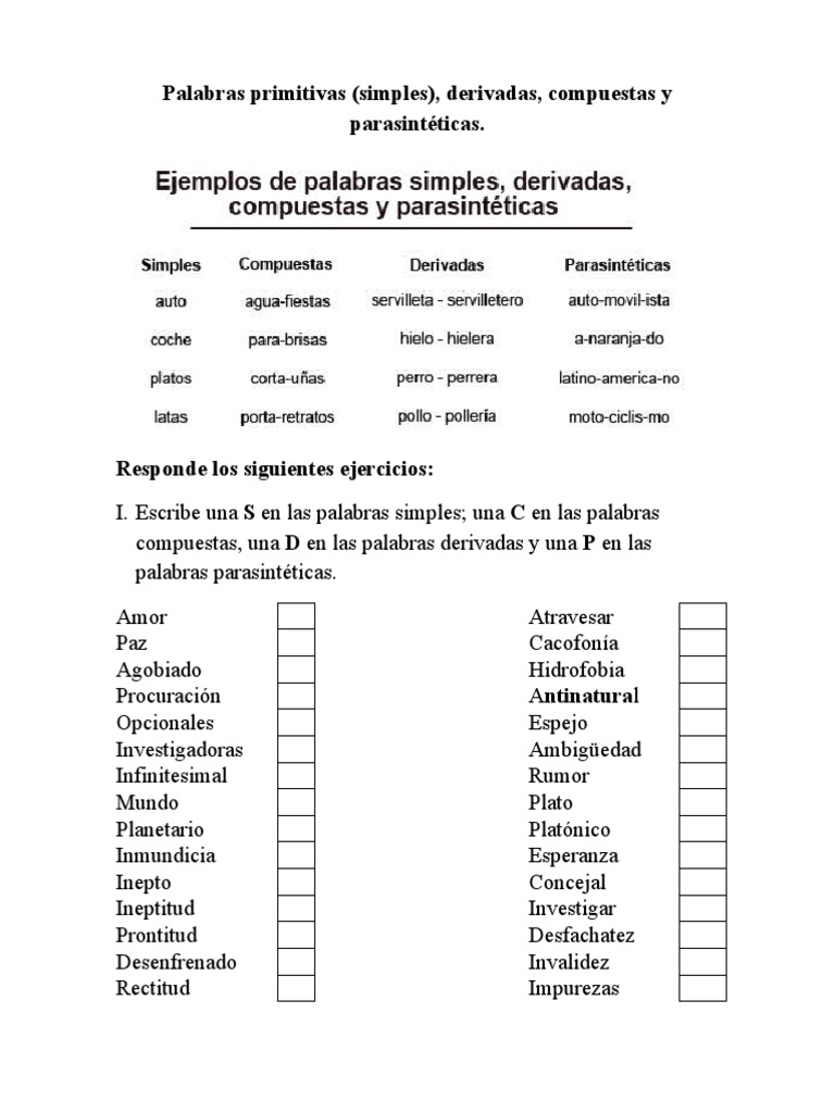 Ejercicios Sobre Palabras Simples Derivadas Compuestas Y Parasíntesis