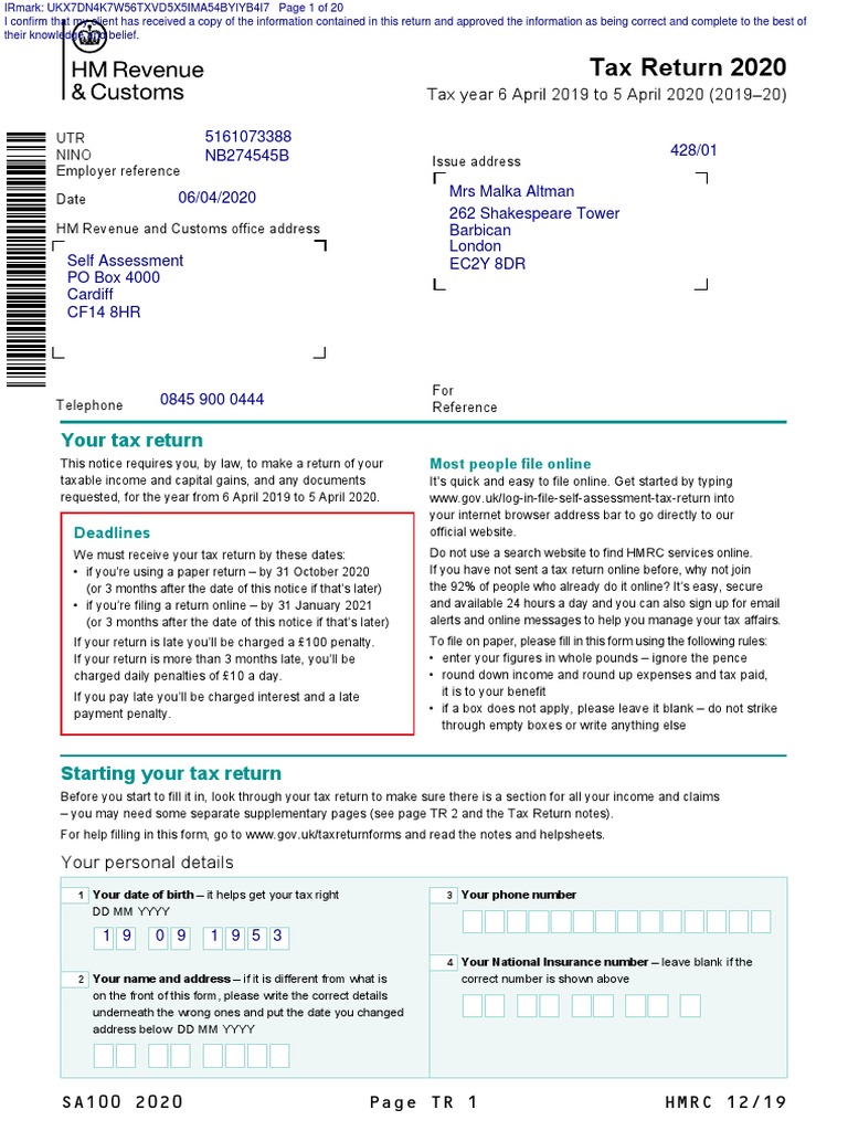 Mrs M Altman 201920 Tax Return PDF Pension Taxes