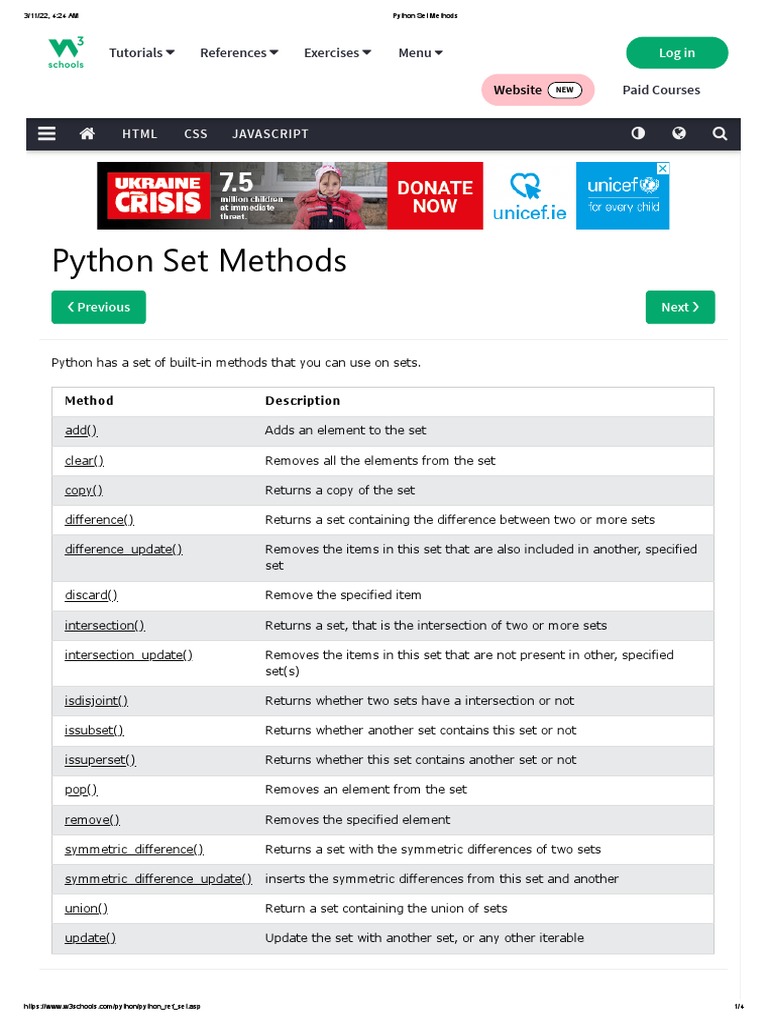 Python Set Methods: Tutorials References Exercises Menu Paid Courses ...