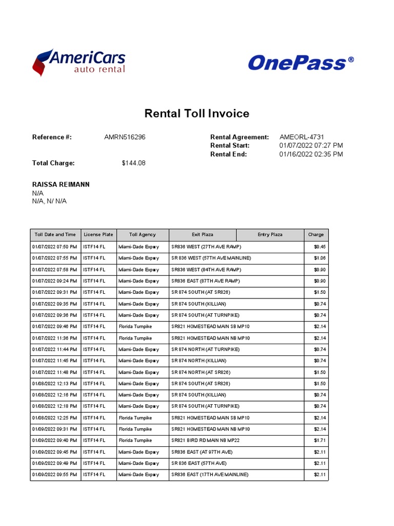 Rental Toll Invoice Reference Rental Agreement Rental Start