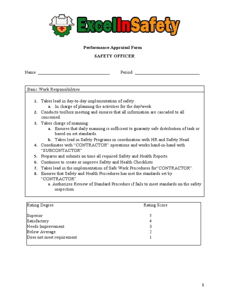 Performance Appraisal Form Safety Officer PDF Performance Appraisal