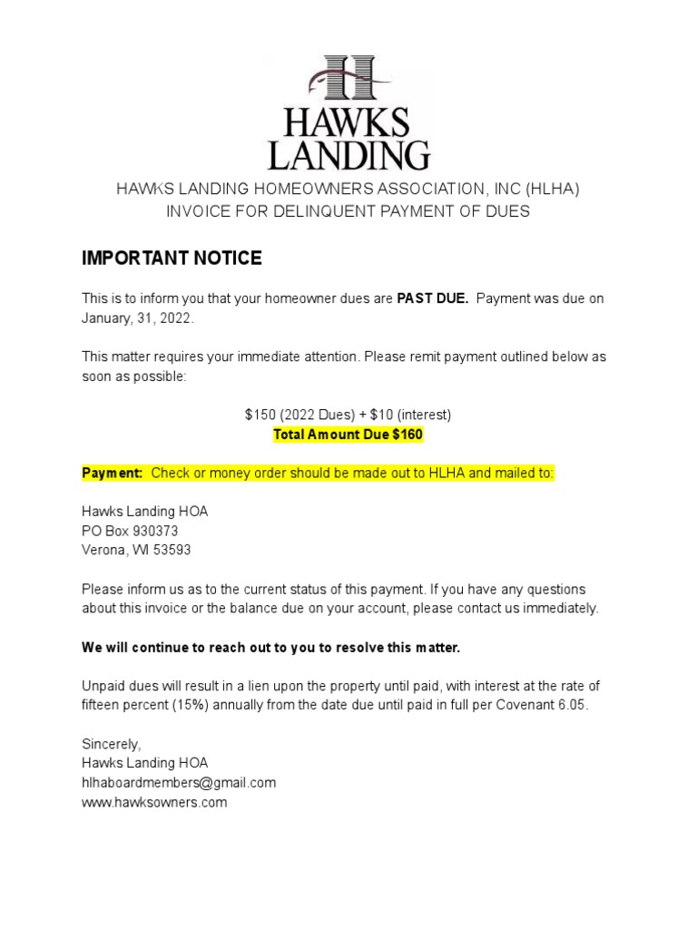 Important Notice Hawks Landing Homeowners Association, Inc (Hlha