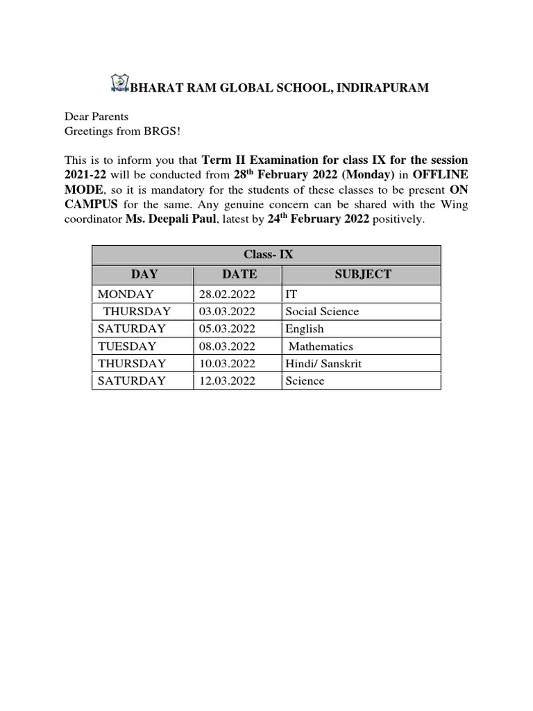 Class Ix Term 2 Date Sheet | PDF