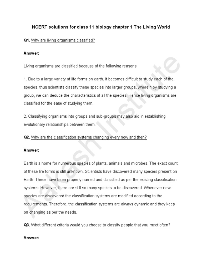 Ncert Solutions Class 11 Biology Chapter 1 The Living World - 0 | PDF ...