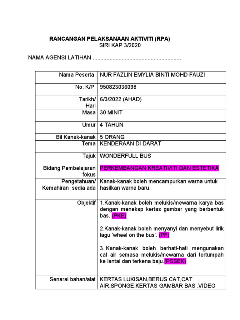 RPA Kreativiti: Aktiviti Wonderful Bus | PDF | Kajian Bahasa Asing