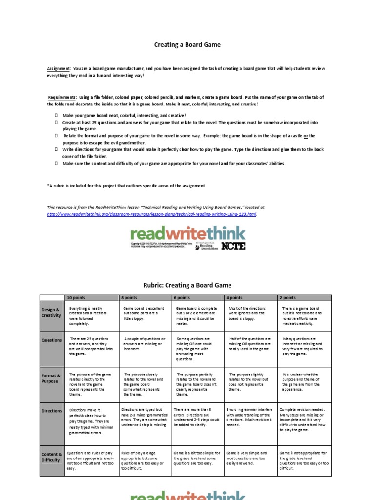 Board Game Creation Assignment Rubric | PDF | Rubric (Academic) | Human ...