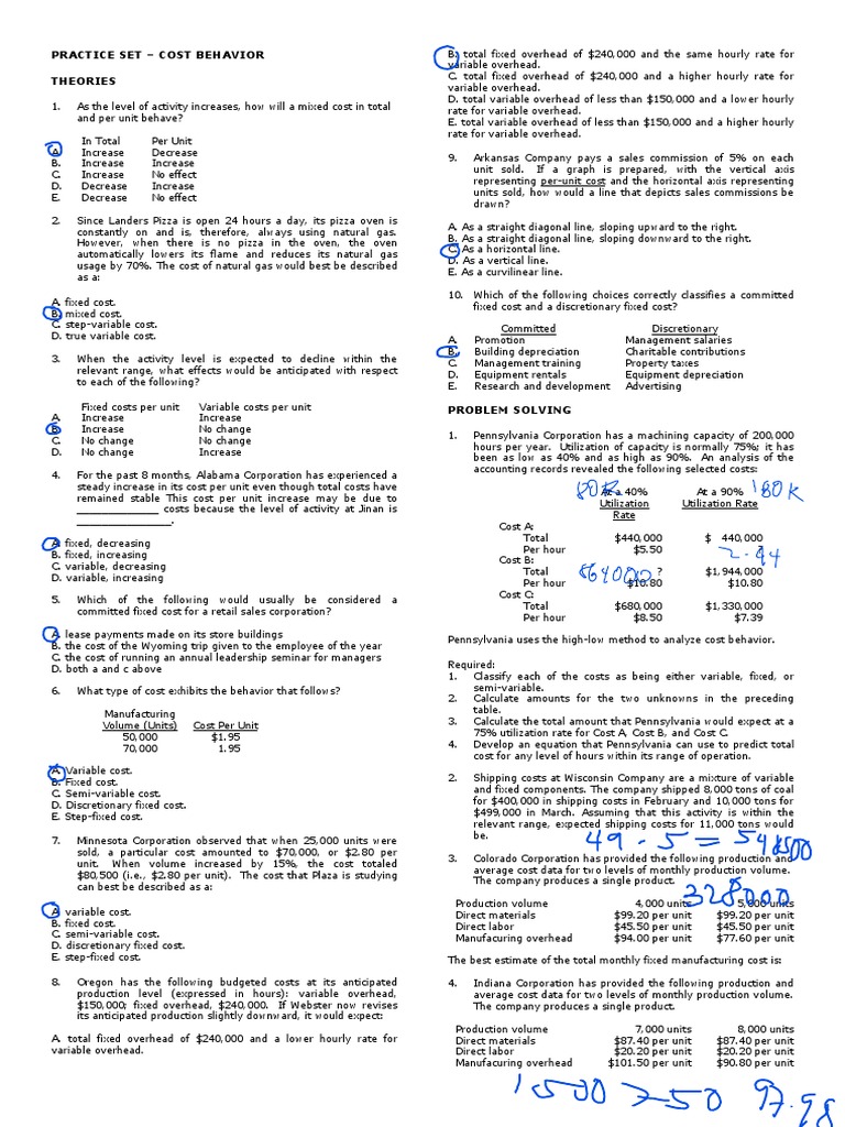 Cost Behavior Analysis Practice Set | PDF | Revenue | Financial Accounting