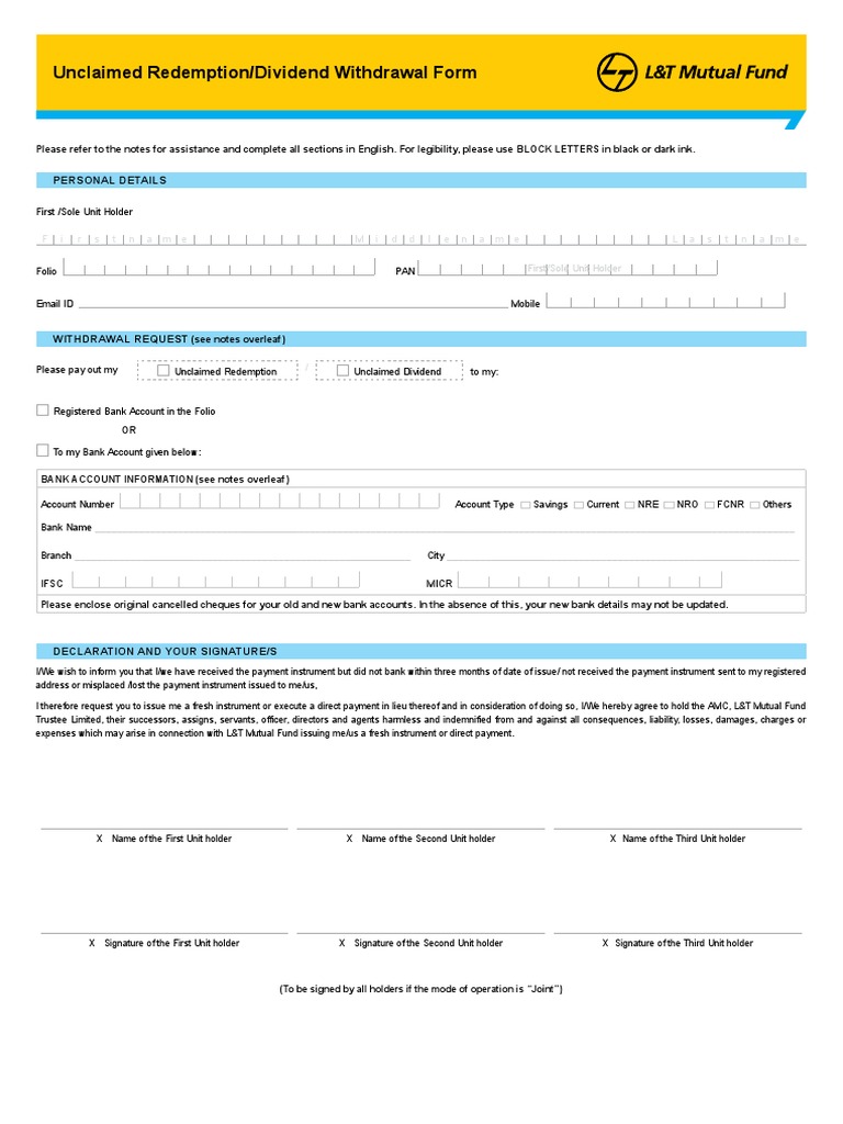 Unclaimed Redemption and Dividend Form | PDF | Cheque | Banks