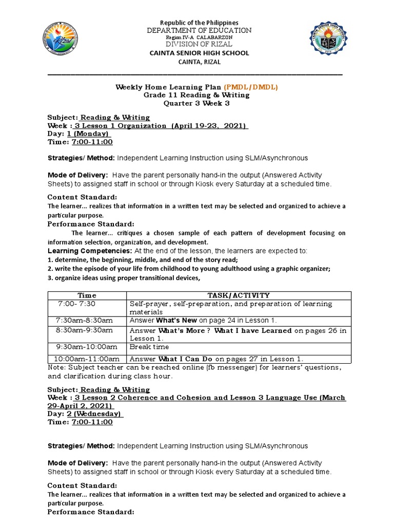 Grade 11 Reading & Writing Plan | PDF | Learning | Question