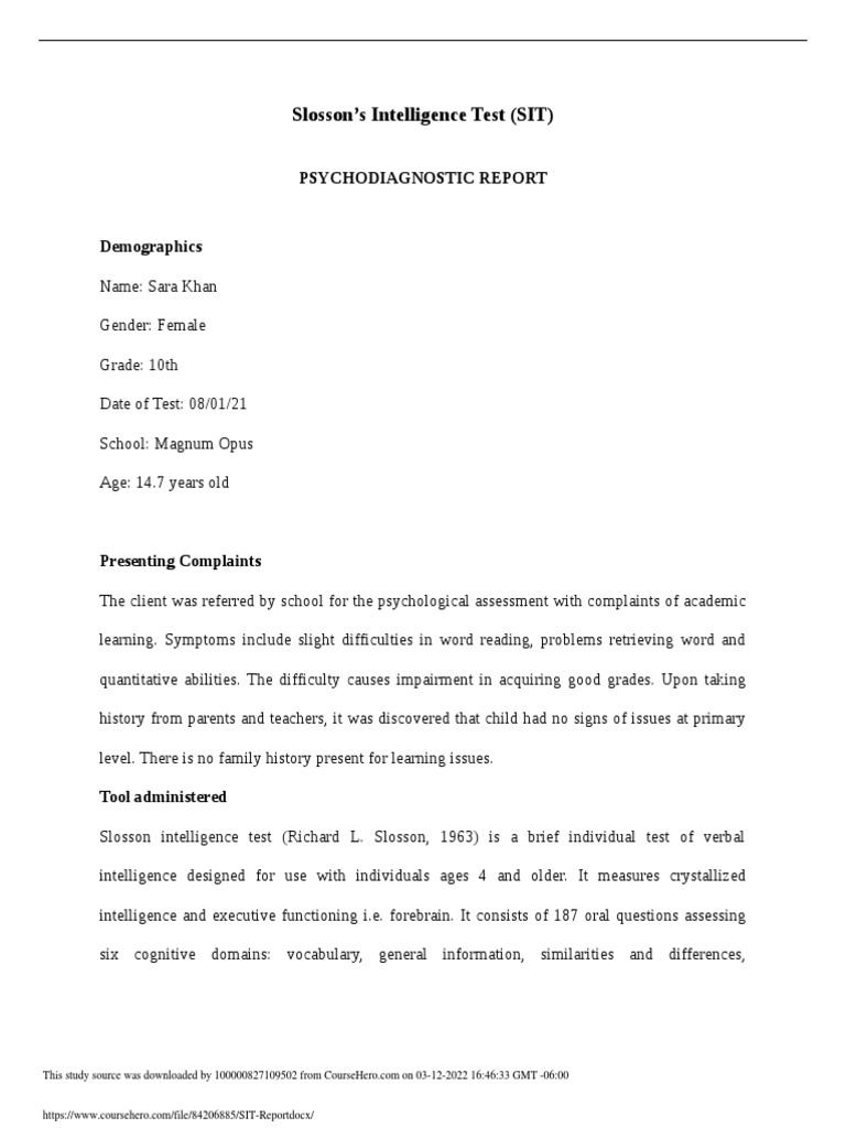 Slosson's Intelligence Test (SIT) : Psychodiagnostic Report | PDF ...