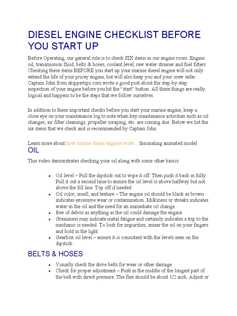 Marine Diesel Engine Startup Checklist | PDF | Diesel Engine | Propulsion