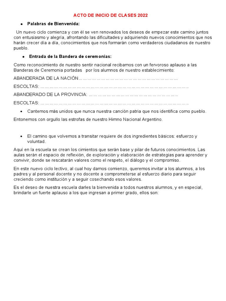Acto de Inicio Clases 2022 | PDF