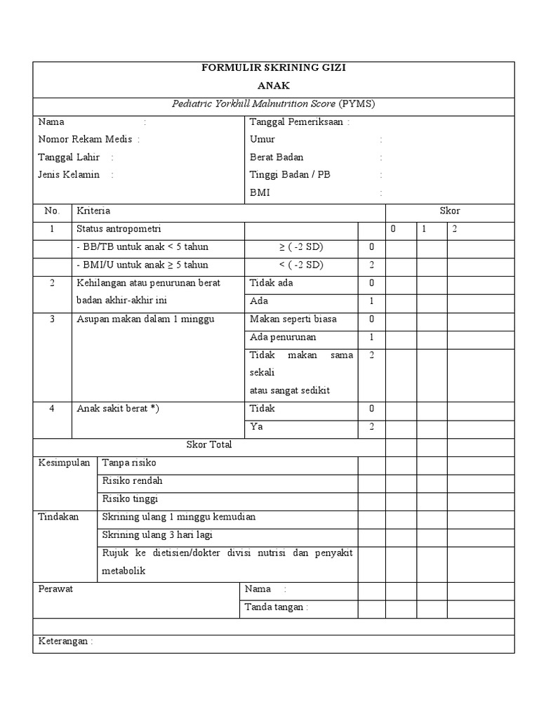 Formulir Skrining Gizi Anak PYMS | PDF | Kesehatan Holistik