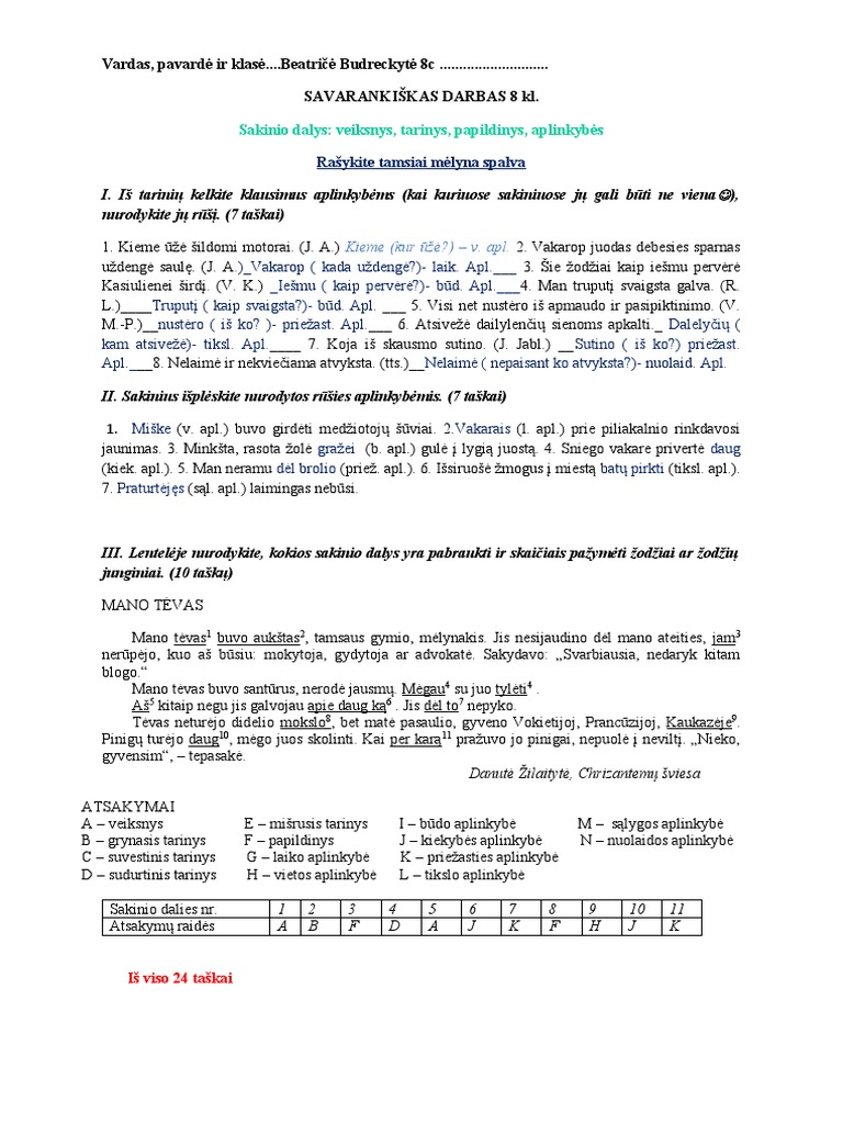 8c Savarankiškas Darbas (Veiksnys, Tarinys, P | PDF