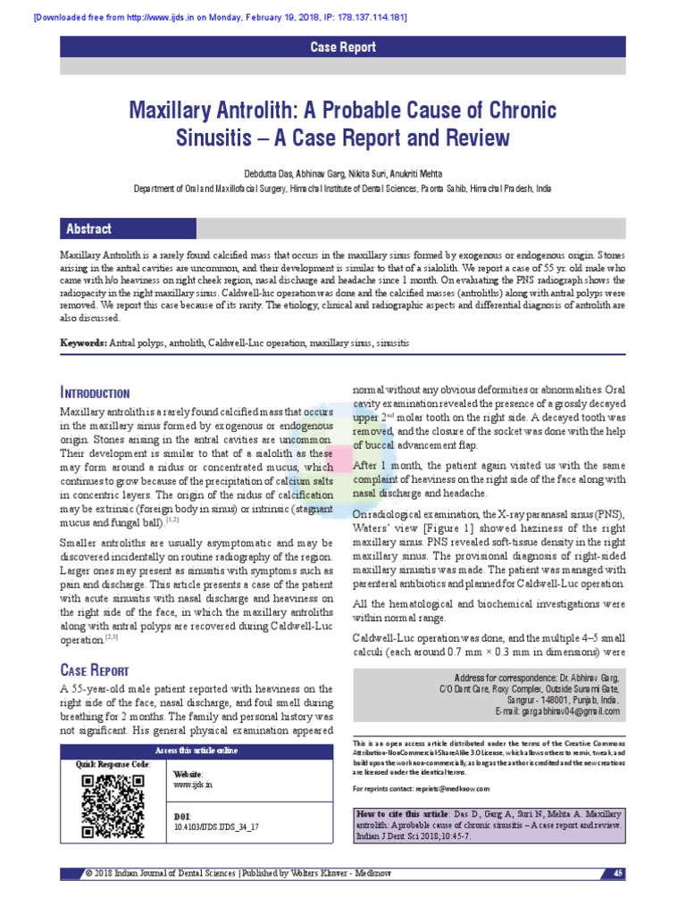 Maxillary Antrolith A Probable Cause of Chronic Si | PDF | Clinical ...