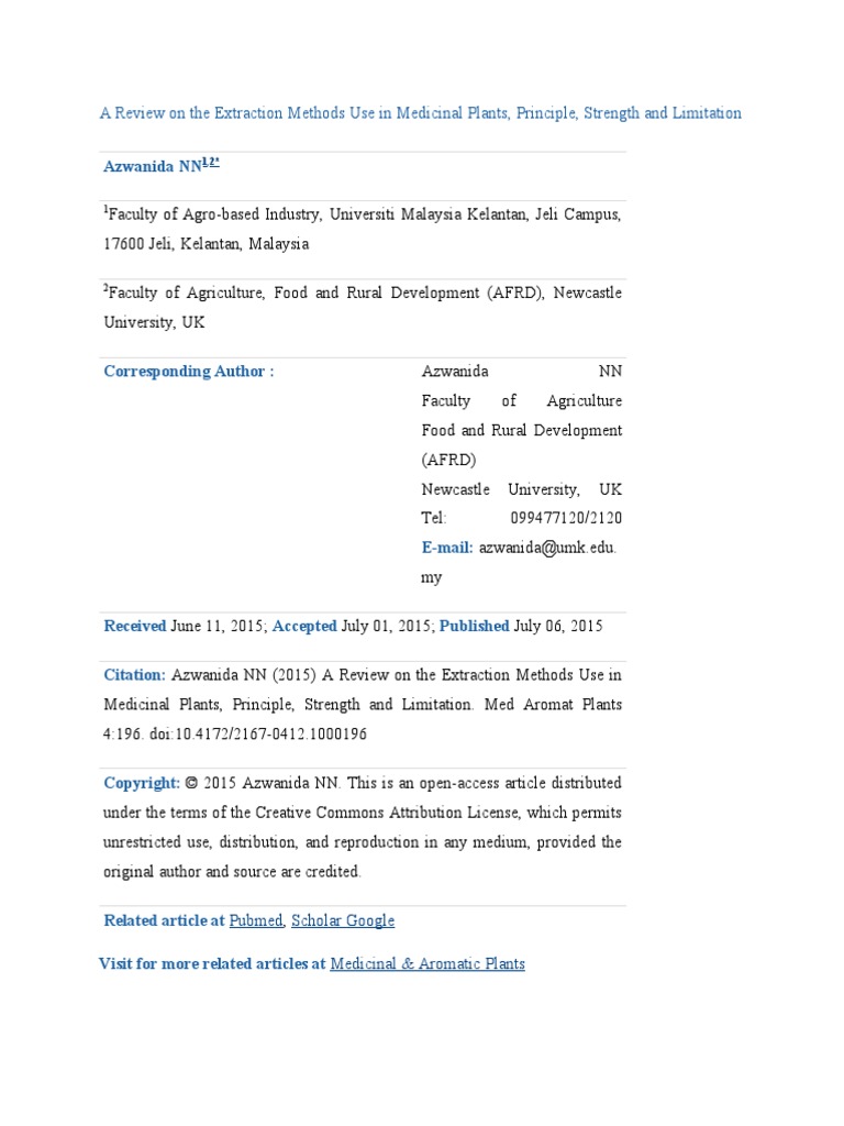 A Review On The Extraction Methods Use in Medicinal Plants | PDF