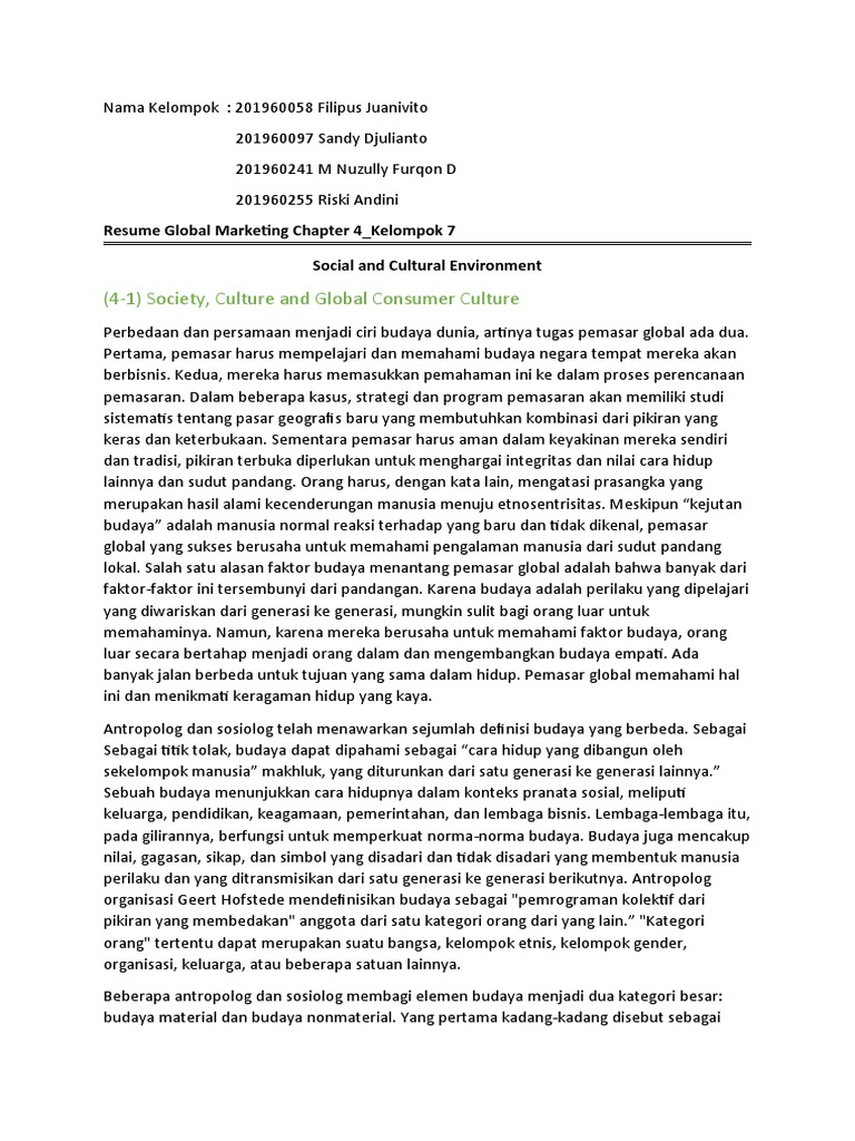 Resume Global Chapter 4 - Social and Cultural Environment - Kel 7 | PDF ...