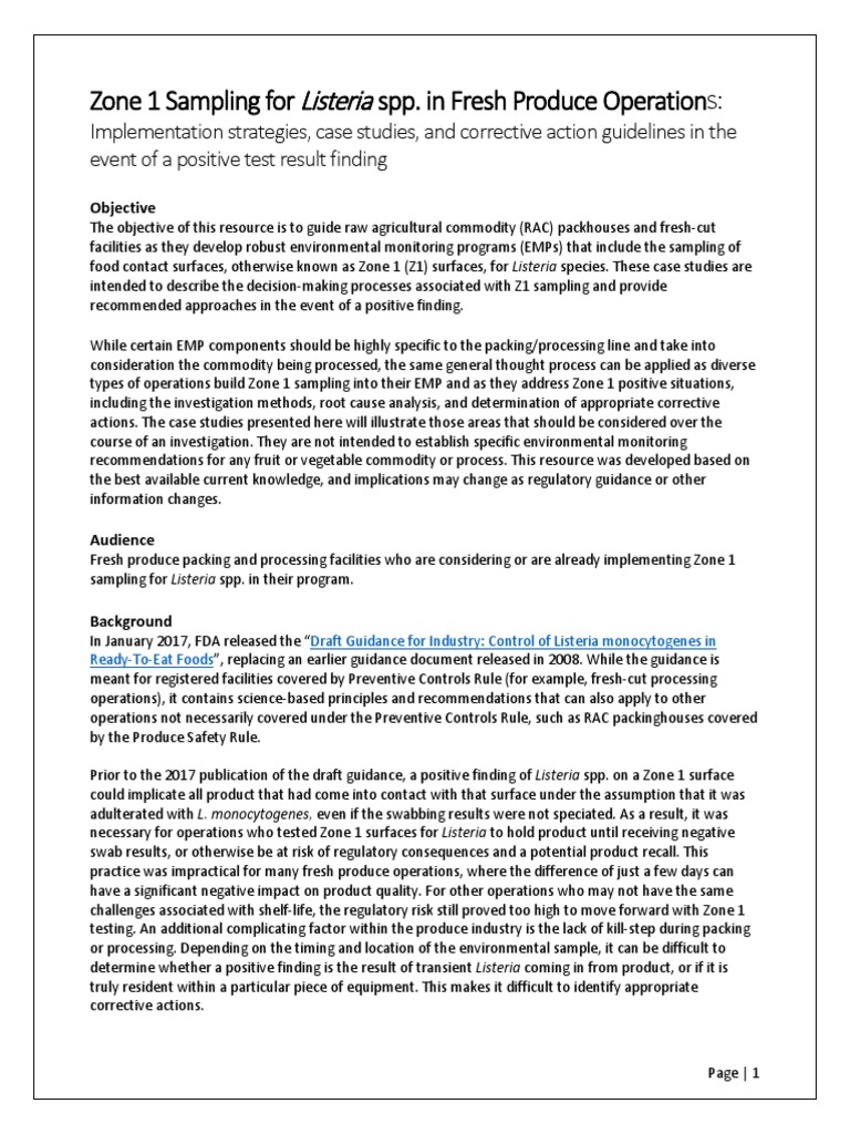 Zone 1 Sampling For Spp. in Fresh Produce Operations Listeria PDF