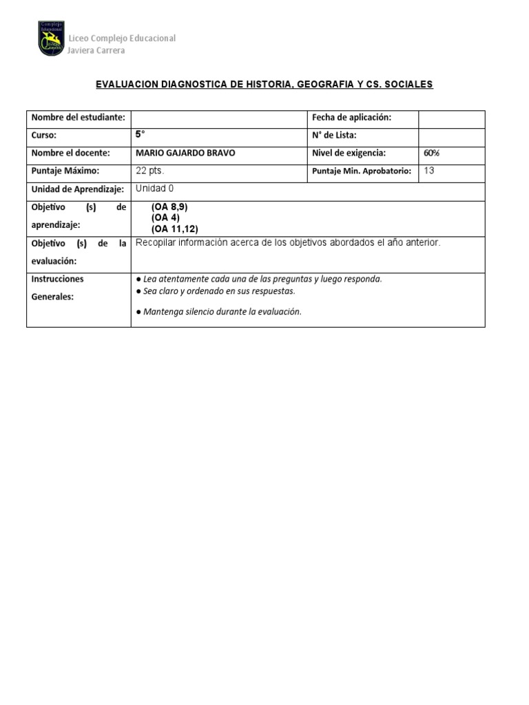 Evaluacion Diagnostica de Historia 5 Basico 2022 PDF