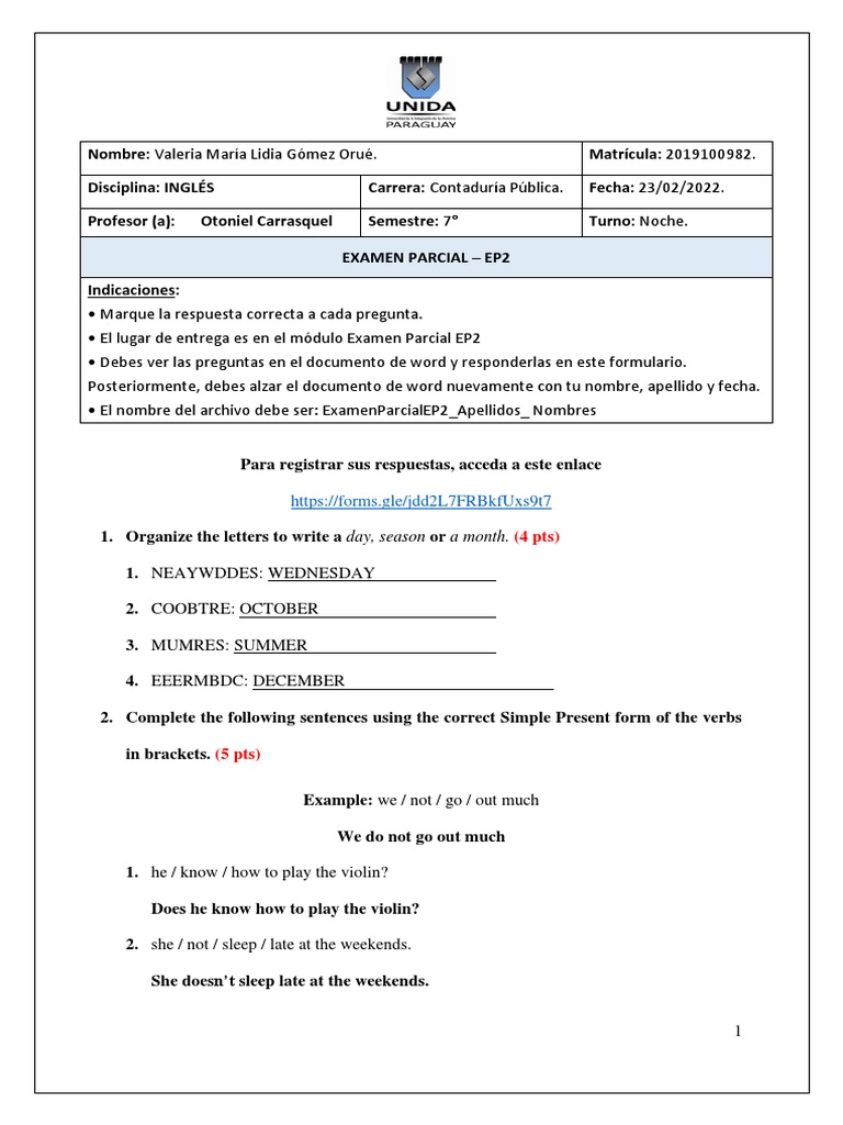 Examen Parcial de Inglés EP2 | PDF | Language Arts & Discipline