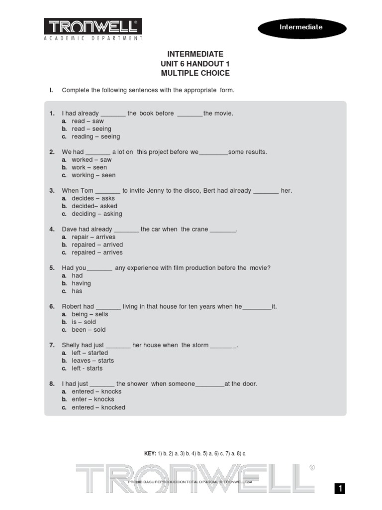 Intermediate Unit 6 Handout 1 Multiple Choice Complete The Following