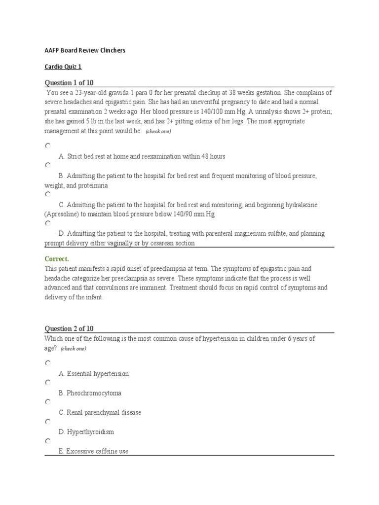 Question 1 of 10 AAFP Board Review Clinchers Cardio Quiz 1 Download