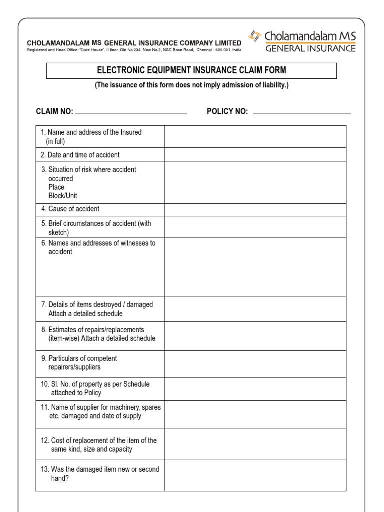Electronic Equipment Insurance Claim Form | PDF