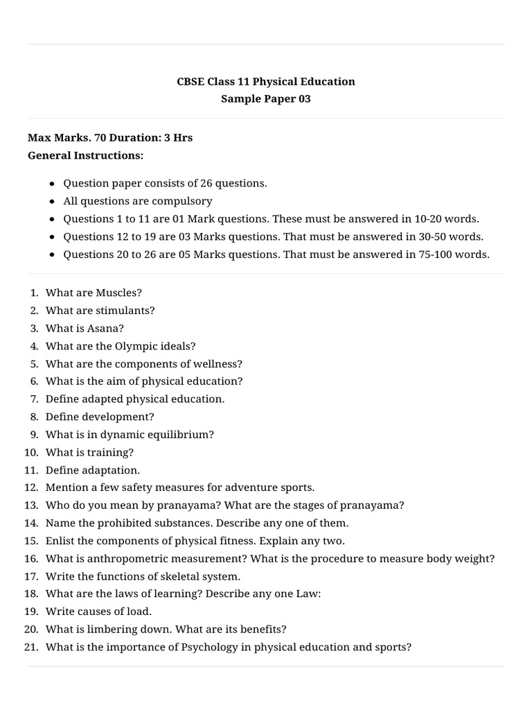 Physical Education Sample Paper 3 A Comprehensive Review of Key Concepts in Physical Education