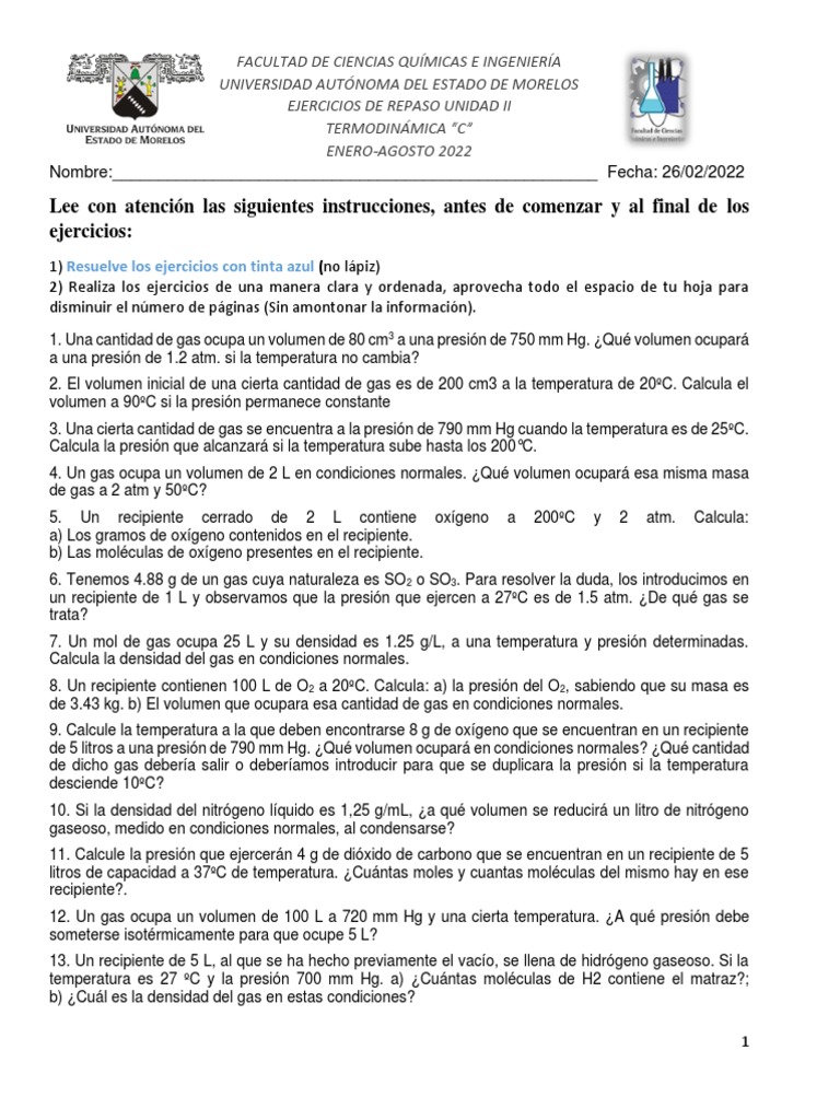 Ejercicios de Repaso Unidad2 | PDF | Gases | Mole (Unidad)