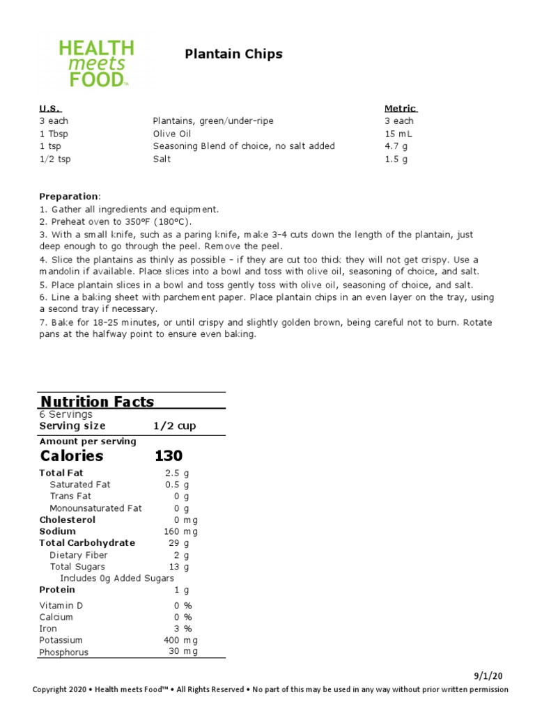 Plantain Chips Nutrition Facts PDF Fat French Fries
