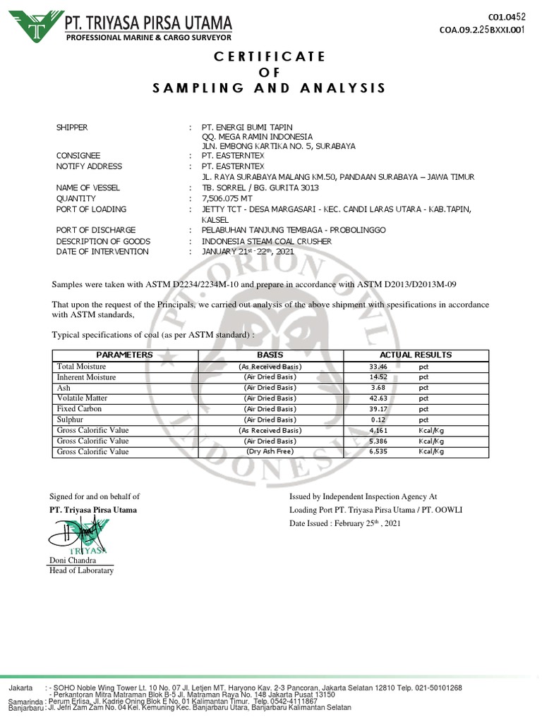 Certificate OF Sampling and Analysis: Professional Marine & Cargo ...