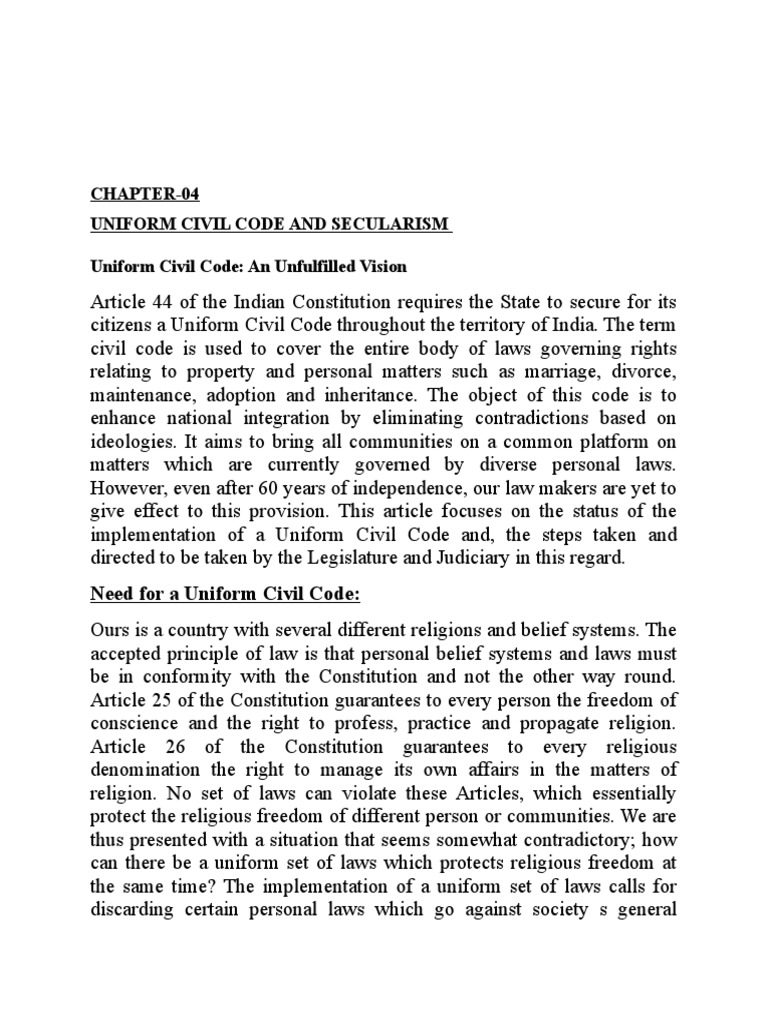 Chapter04 Uniform Civil Code and Secularism Uniform Civil Code An