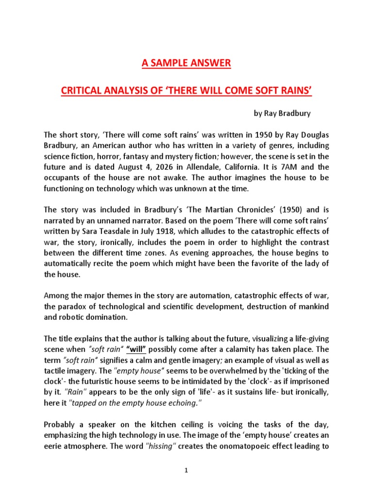 A Sample Answer Critical Analysis of There Will Come Soft Rains 
