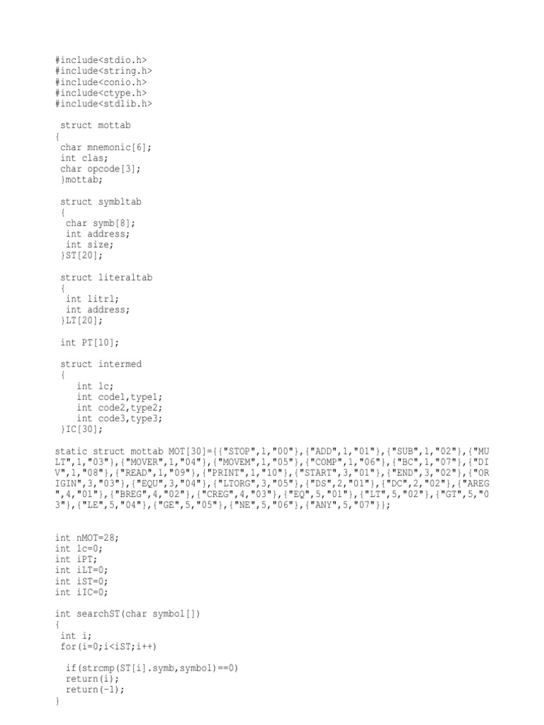 Pass 1 Assembler Implementation in C | PDF