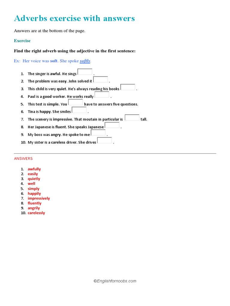 Adverbs Exercise With Answers | PDF | Language Arts & Discipline